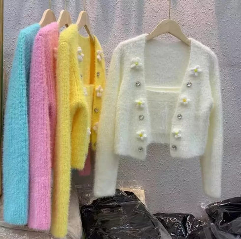 Beaded Flower Mink Fleece Two Piece Cardigan Sweater With Tank Top